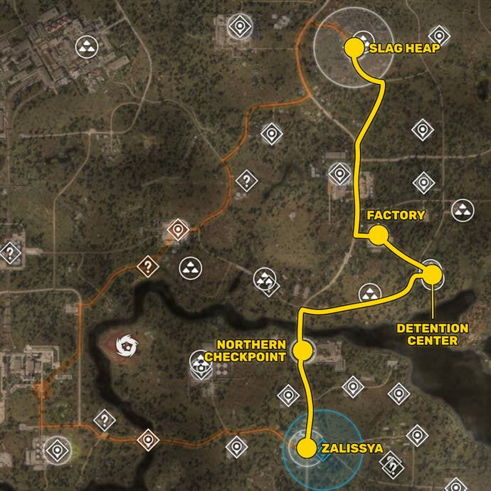 Part of the Stalker 2 map, with the route from Zalissya to Slag Heap that is taken if you choose to give the Ward Sensors to Richter marked in yellow.