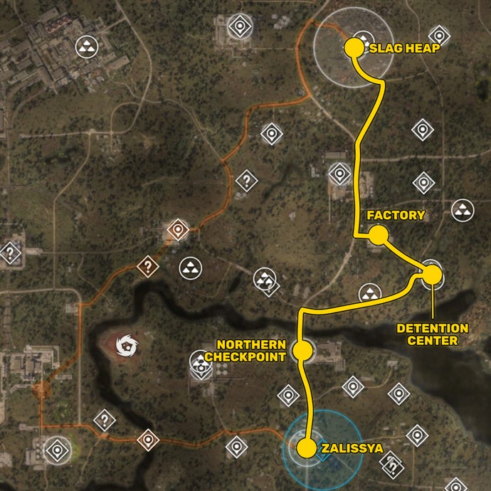 Part of the Stalker 2 map, with the route from Zalissya to Slag Heap that is taken if you choose to give the Ward Sensors to Richter marked in yellow.