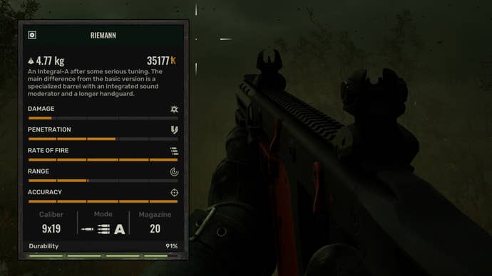The player in Stalker 2 holds the Riemann. On the left side of the screen is the gun’s stats.