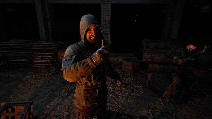 A screenshot from a Stalker 2 cutscene showing Scar, a main character, holding a piece of toast.