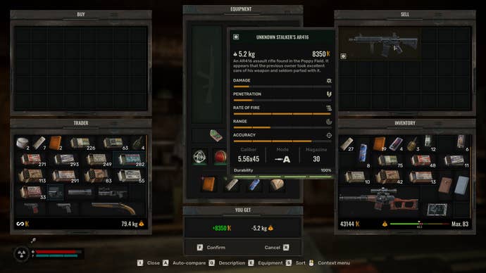 The trade screen in Stalker 2, with the player attempting to sell the Unknown Stalker’s AR416.