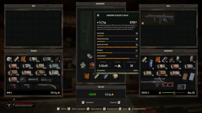 The trade screen in Stalker 2, with the player attempting to sell the Unknown Stalker’s AR416.