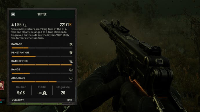 The player in Stalker 2 holds the Spitter SMG. On the left side of the screen is the gun’s stats.