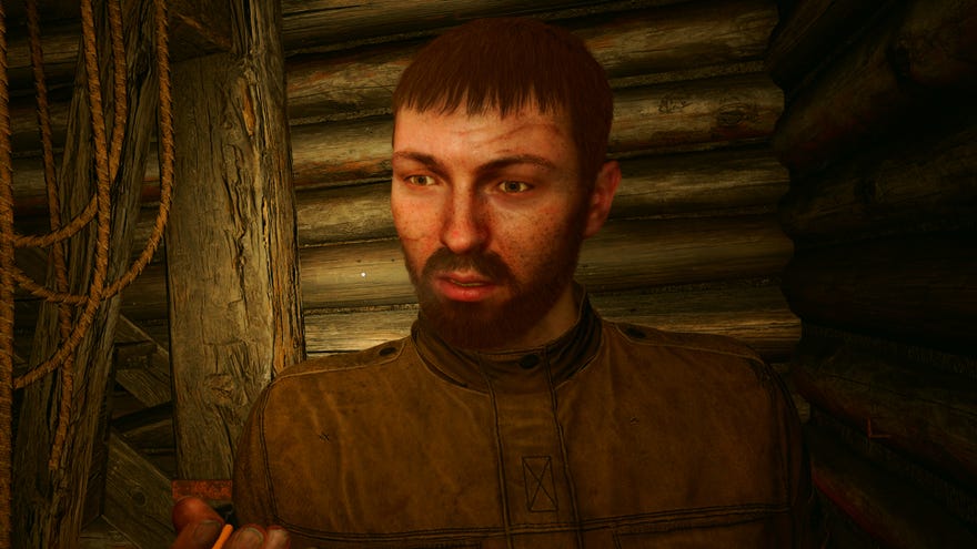 A close-up of the face of Squint, a character in Stalker 2.
