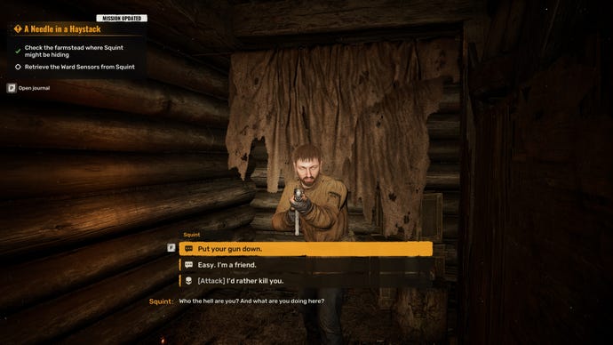 The player in Stalker 2 engages in conversation with a Stalker named Squint, who is aiming a gun at the player.