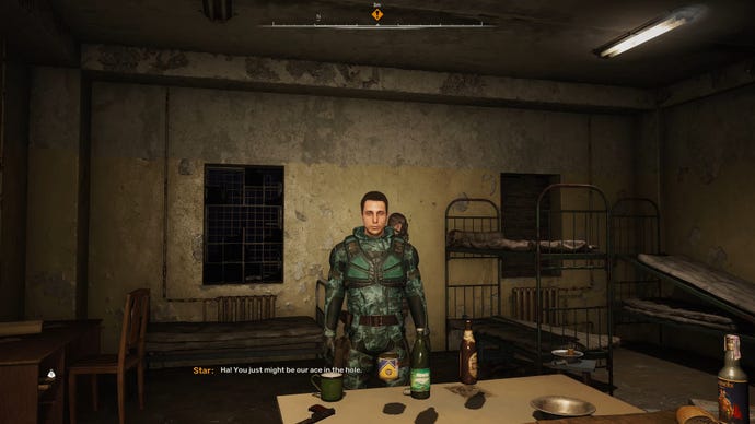 The player in Stalker 2 speaks to a man named Star behind a table indoors.