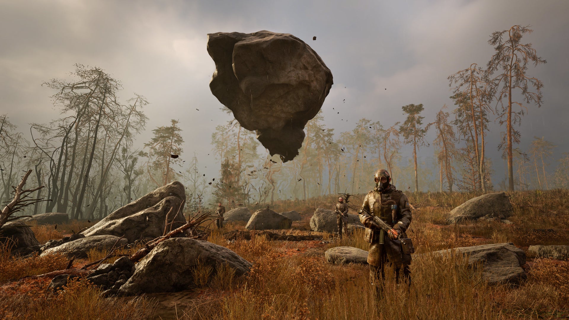 A zone survivor standing by a floating rock in Stalker 2. - 1