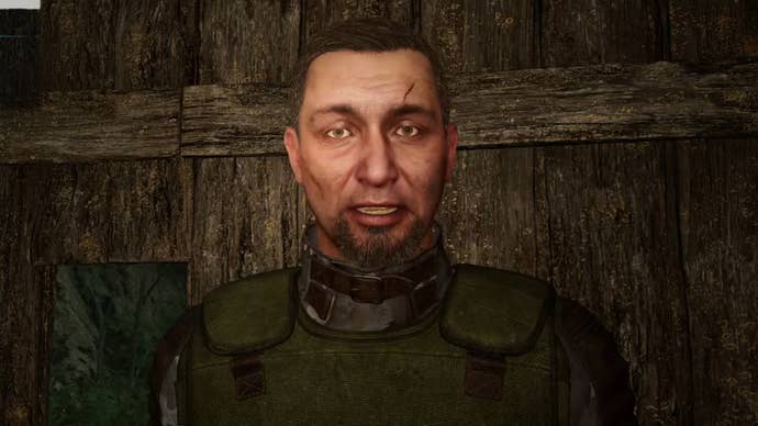A close-up of the face of the Ninth, a former Monolithian character in Stalker 2.