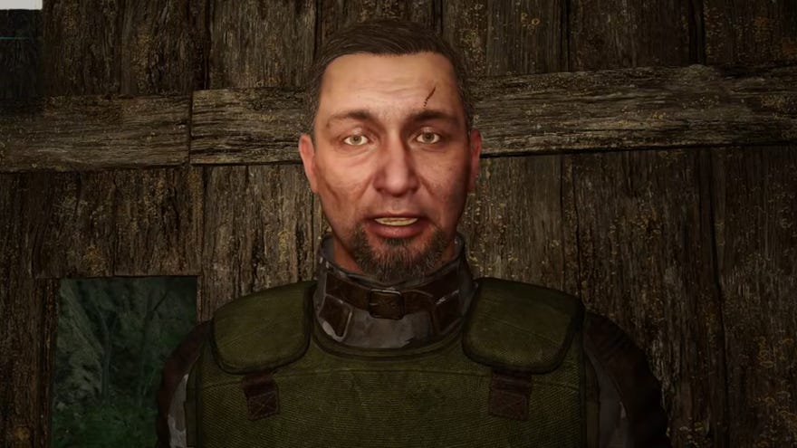 A close-up of the face of the Ninth, a former Monolithian character in Stalker 2.