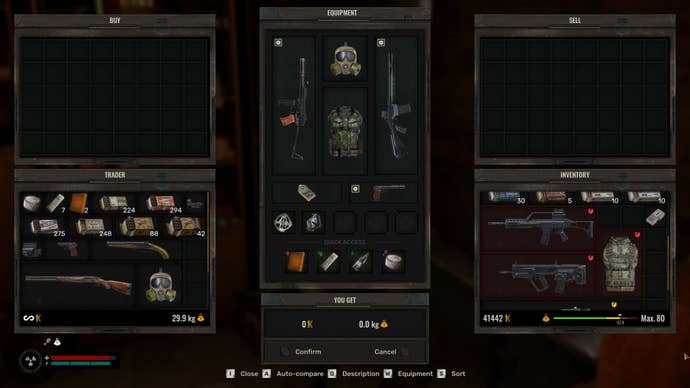 The player in Stalker 2 in a trade screen with an NPC. On the right side it is shown that the player has numerous low-durability items which cannot be sold.