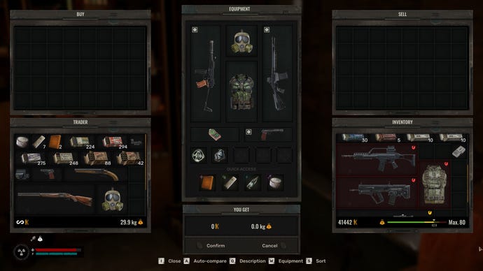 The player in Stalker 2 in a trade screen with an NPC. On the right side it is shown that the player has numerous low-durability items which cannot be sold.
