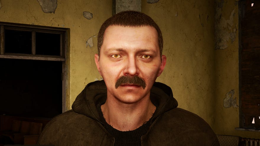 A close-up of the face of Uncle Lyonya, a NPC in Stalker 2, and a Guide who you can pay to fast travel to other major settlements.