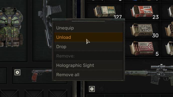 A close-up of the inventory UI in Stalker 2, with the “Unload” option selected in a drop-down on the player’s gun.