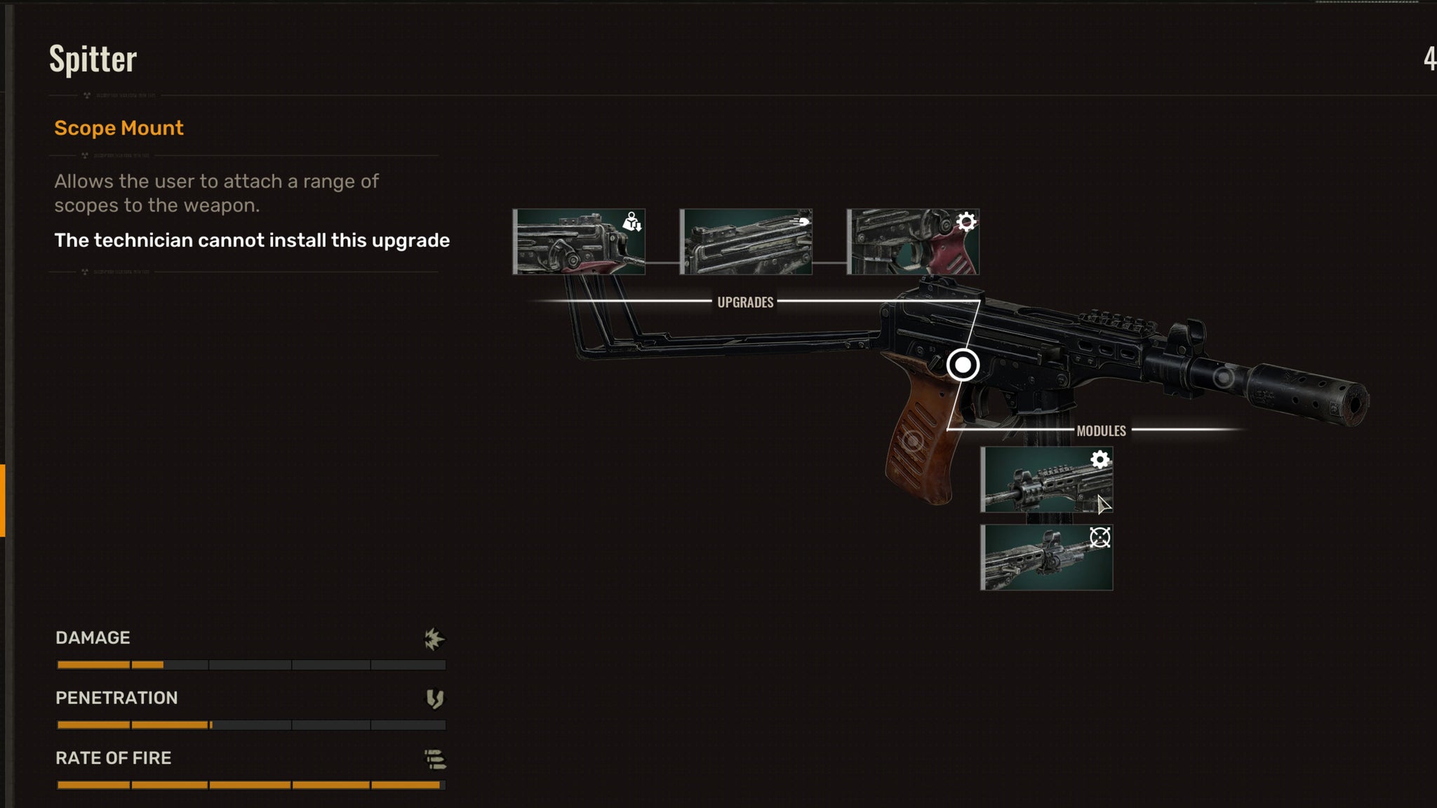 The upgrade screen in Stalker 2, showcasing the various upgrades available on a specific part of a gun. - 4