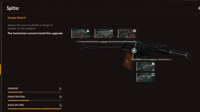 The upgrade screen in Stalker 2, showcasing the various upgrades available on a specific part of a gun.