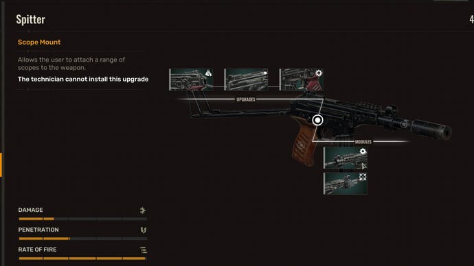 The upgrade screen in Stalker 2, showcasing the various upgrades available on a specific part of a gun.