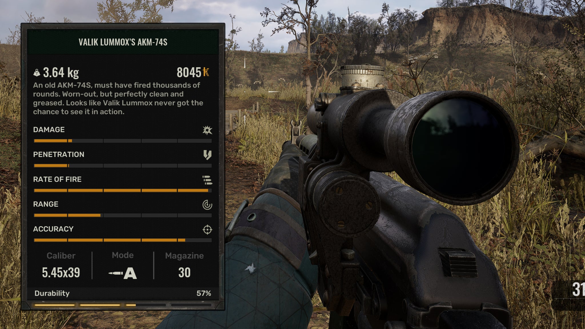 The player in Stalker 2 holds Valik Lummox's AKM-74S. On the left side of the screen is the gun's stats. - 4