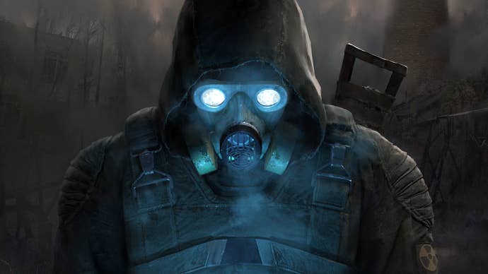 A Stalker looks down, his eyes glowing, in the key art for Stalker 2