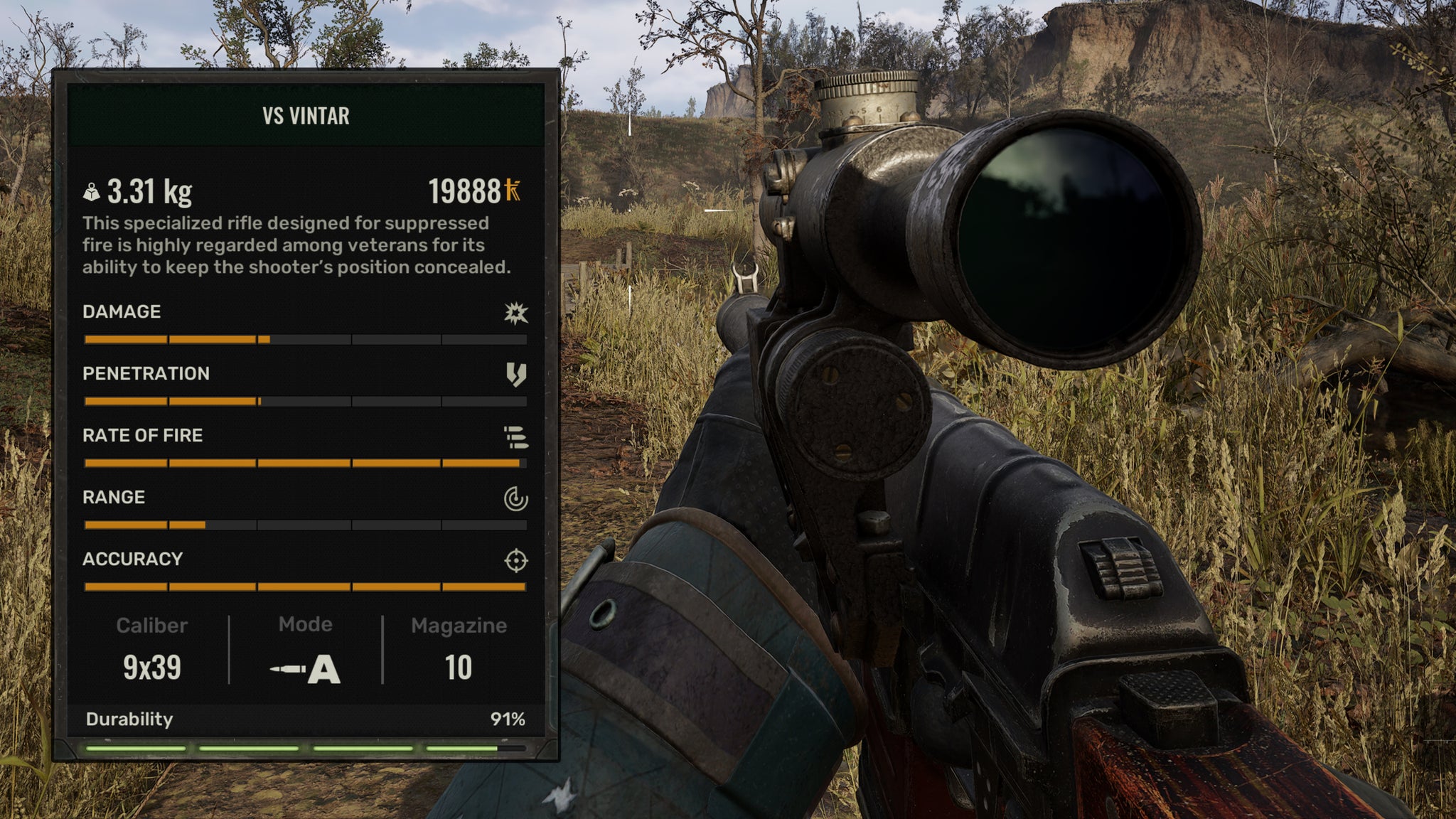 The player in Stalker 2 holds the VS Vintar sniper rifle. On the left side of the screen is the gun's stats. - 6