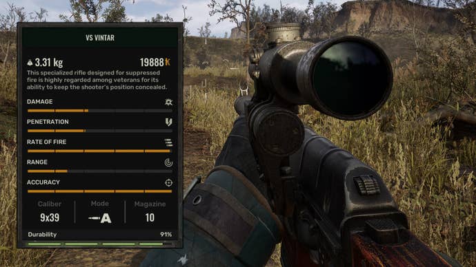 The player in Stalker 2 holds the VS Vintar sniper rifle. On the left side of the screen is the gun’s stats.