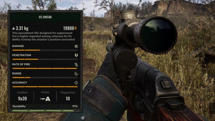 The player in Stalker 2 holds the VS Vintar sniper rifle. On the left side of the screen is the gun’s stats.