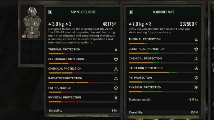 A close-up of the Stalker 2 inventory screen, showing statistics comparing the player's current outfit to the new Wanderer outfit.