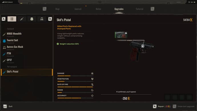 The tech upgrade screen in Stalker 2, showing a weight reduction upgrade for a pistol.