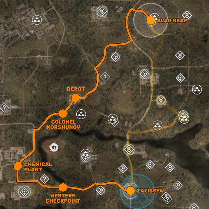 Part of the Stalker 2 map, with the route from Zalissya to Slag Heap that is taken if you choose to give the Ward Sensors to Zotov marked in orange.