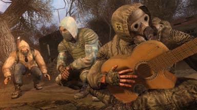 Stalker: Legends of the Zone Trilogy Enhanced Edition screenshot showing three men wearing camouflage gear and gas masks resting together in the woods. One of them is playing guitar.