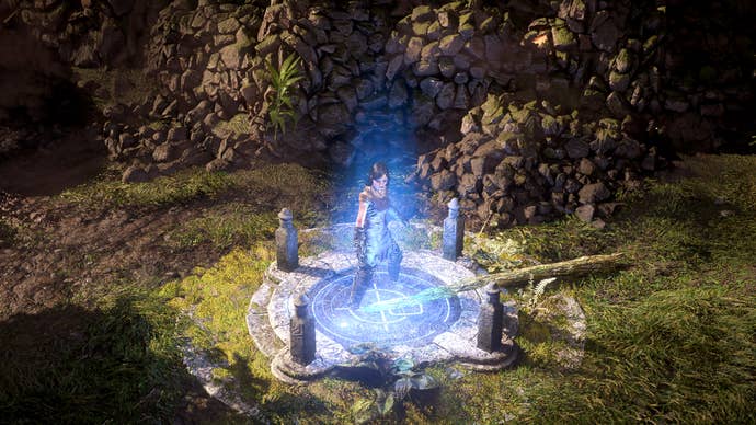 A Witch stands at a glowing Waypoint in Path of Exile 2.