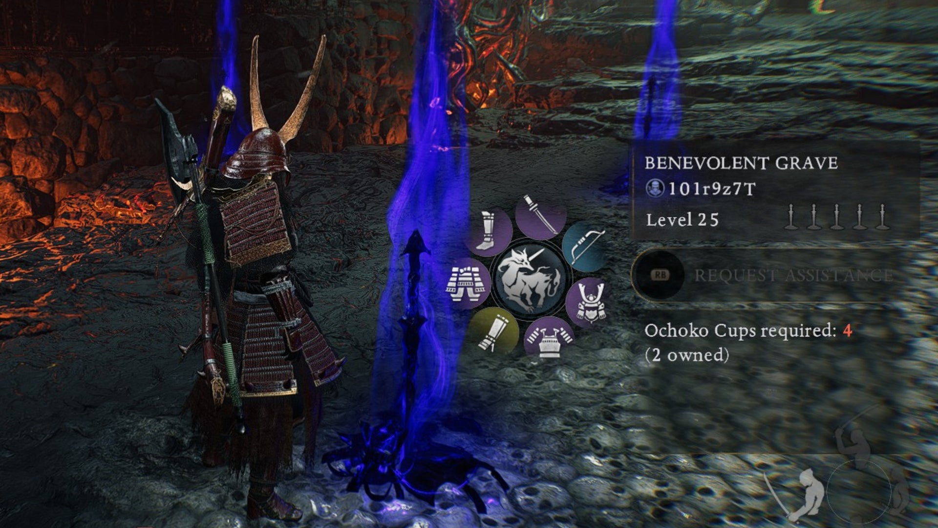 Standing next to a Benevolent Grave in Nioh 3, with the stats of a summonable player clearly visible - along with an Ochoko Cup requirement.