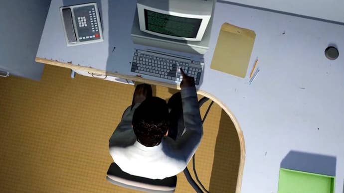 A top-down image of a man sat at a computer using one finger to press a button, over and over and over. This image is boredom manifest: grey, nondescript desk and accoutrements, drab office uniform, brown soulless carpet. There is nothing pleasant about this image. It’s a screenshot from The Stanley Parable.