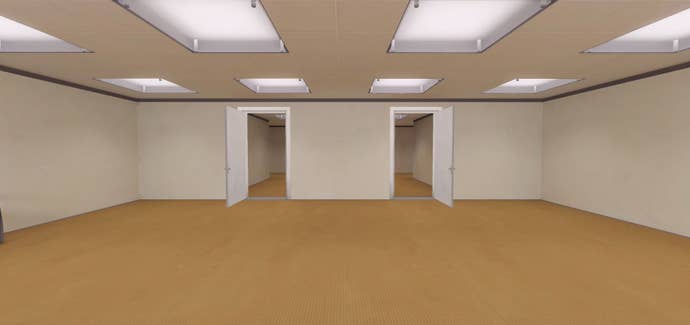 A bright, empty, office space with two open doors. It’s dazzlingly brightly lit and boringly outfitted. It is the epitome of beige.