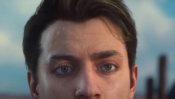 The top of a man’s face in Star Citizen, showing off new sweat effects