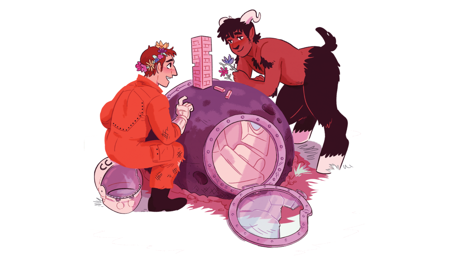 An illustration of a demon and mythological faun dreamily engrossed in a game of Star Crossed. It&rsquo;s being played with a stack of Jenga blocks piled atop a a small, spherical space pod that&rsquo;s serving as a table.