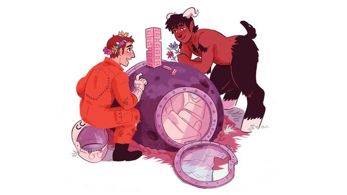 An illustration of a demon and mythological faun dreamily engrossed in a game of Star Crossed. It's being played with a stack of Jenga blocks piled atop a a small, spherical space pod that's serving as a table.