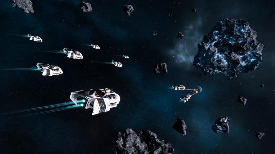 A screenshot of Star Exodus, showing several spaceships flying towards an asteroid while some smaller ships in the distance fire lasers at an enemy ship.