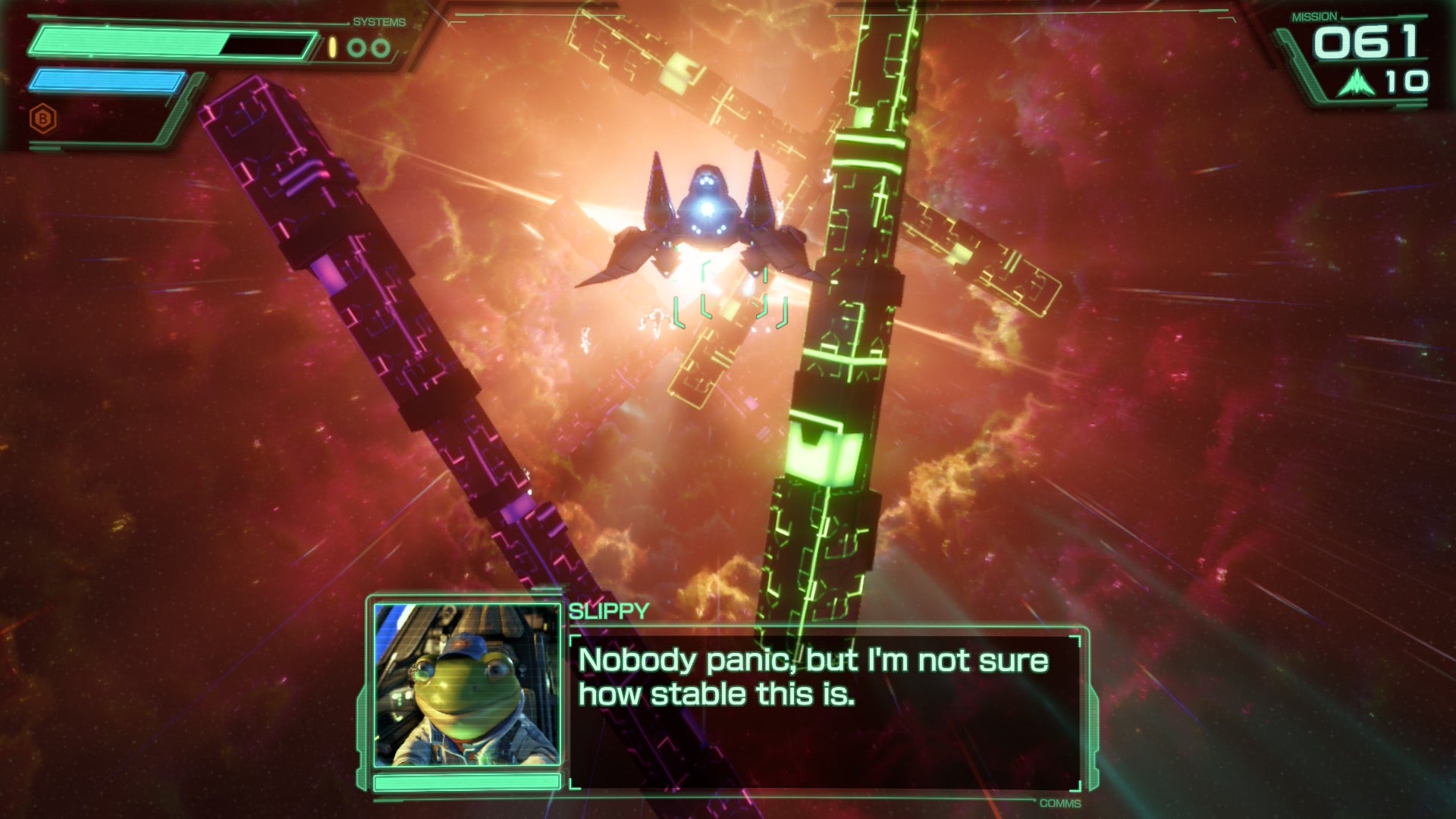 Star Fox screenshot showing you flying through exotic space debris and clouds while Slippy talks to you