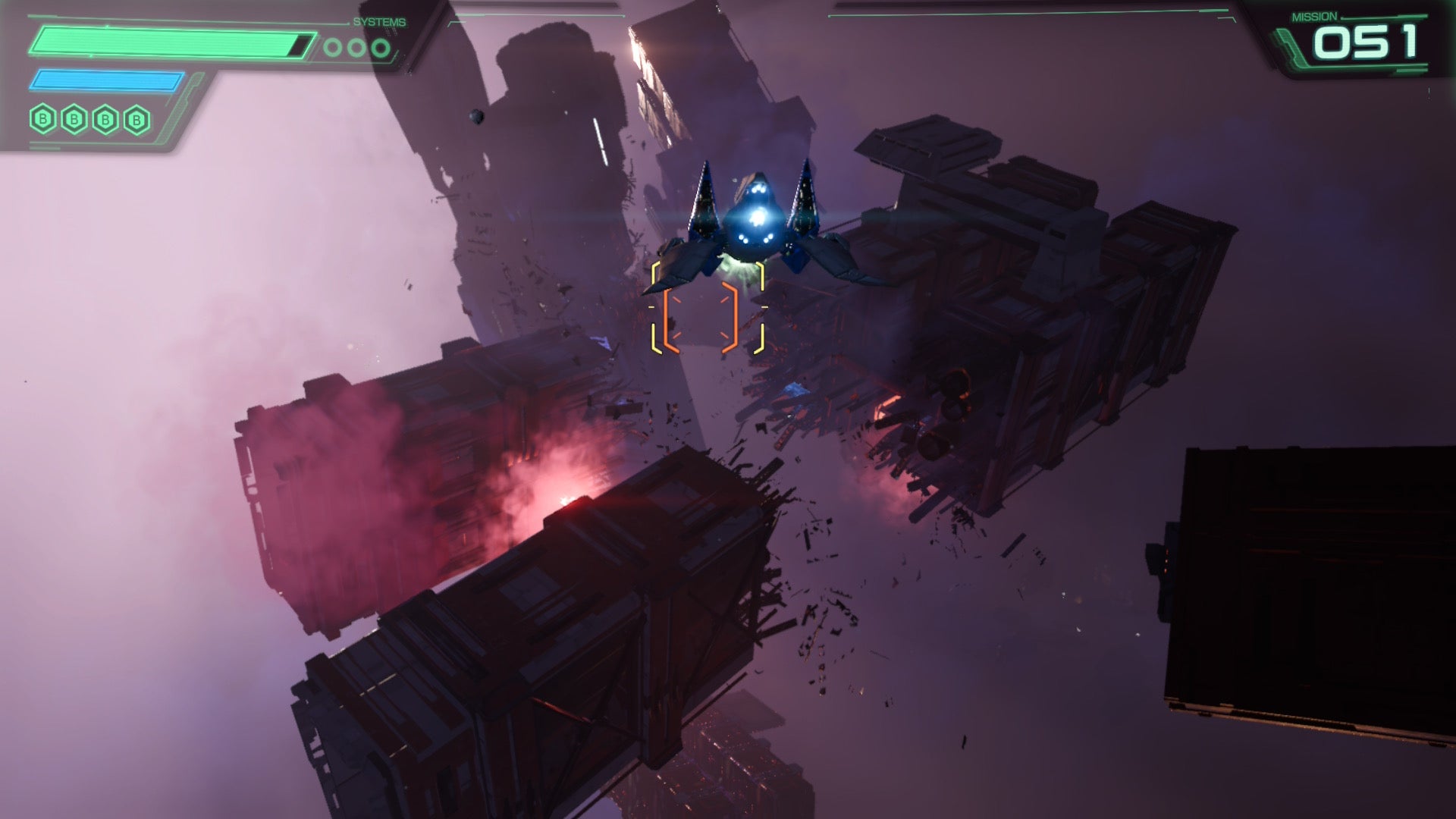 Star Fox screenshot showing you flying between deep purple and black space obstacles
