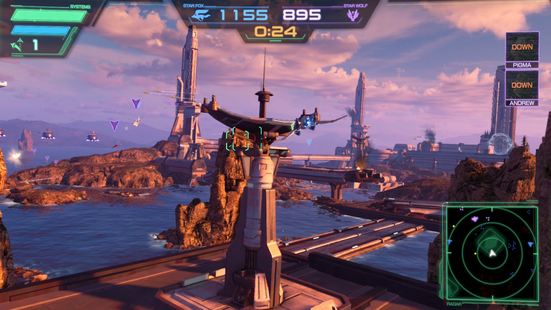 Star Fox screenshot showing you flying over a populous, built up planet at sunset