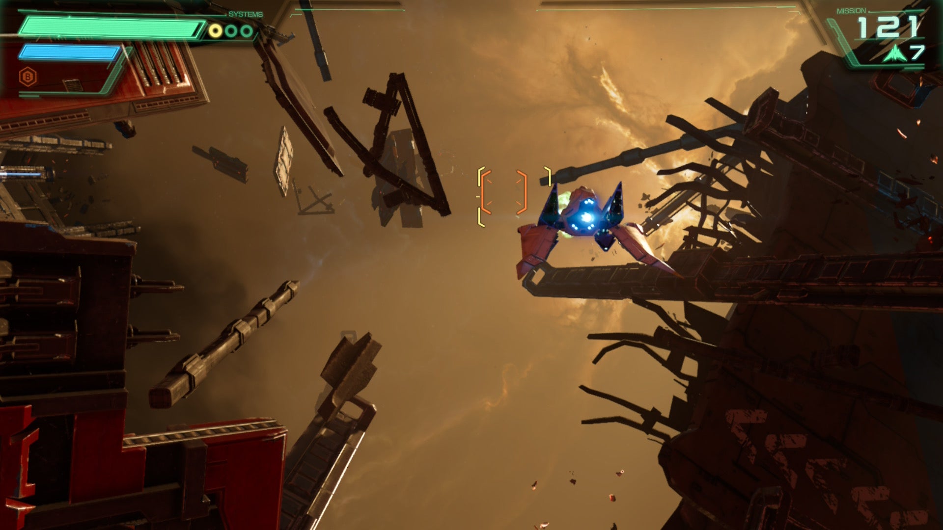 Star Fox screenshot showing you flying between dusty-hued space debris