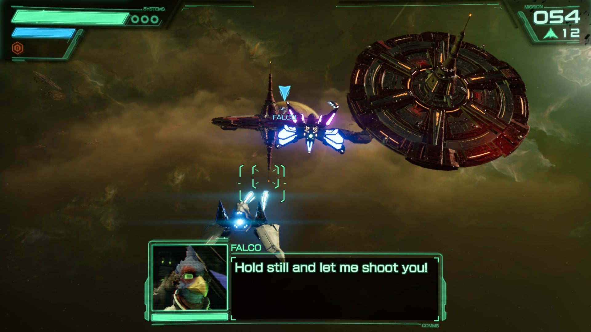 Star Fox screenshot showing you flying with Falco as he says "Hold still and let me shoot you!"