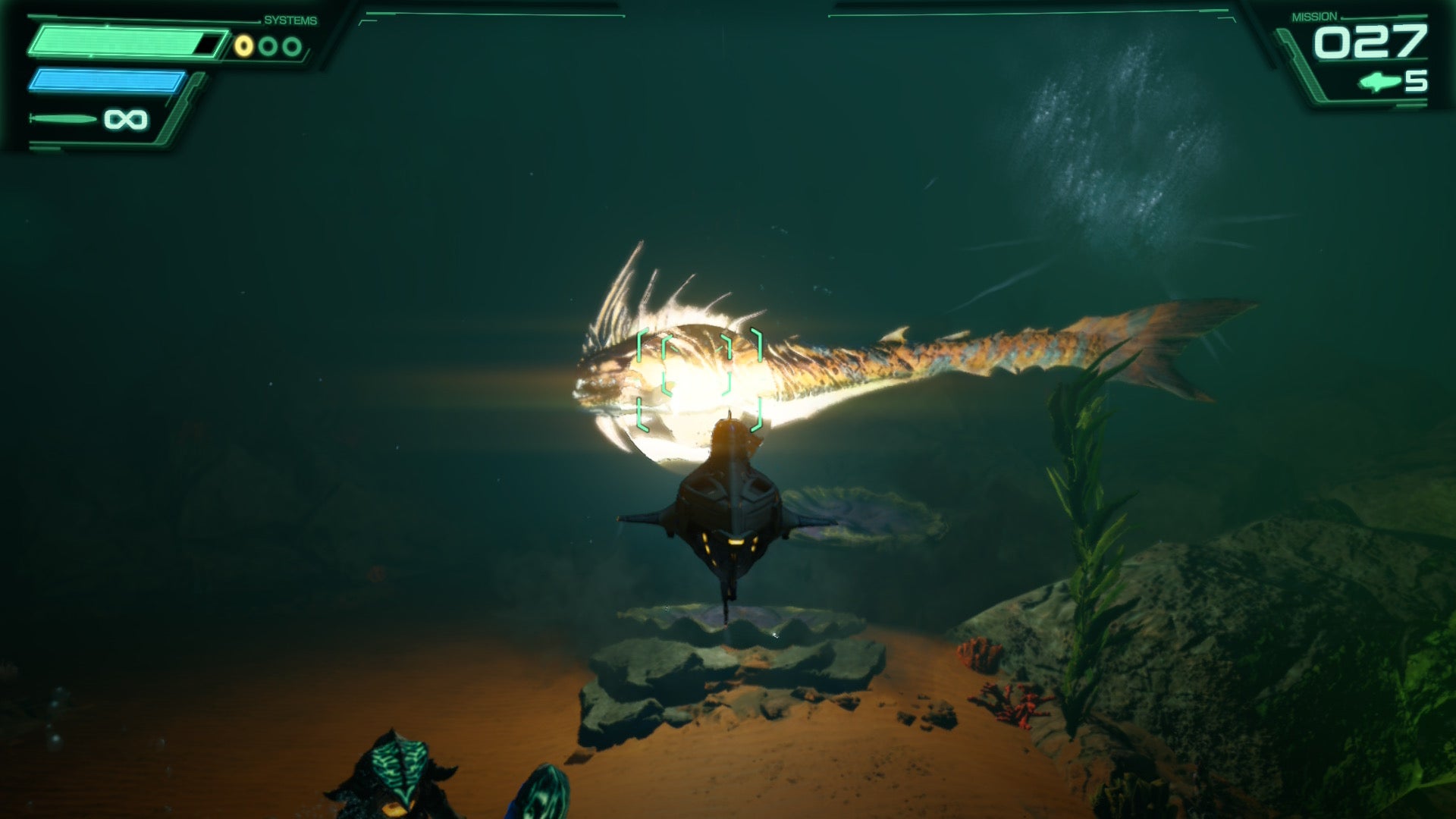 Star Fox screenshot showing you flying towards a strange glowing fish-like creature