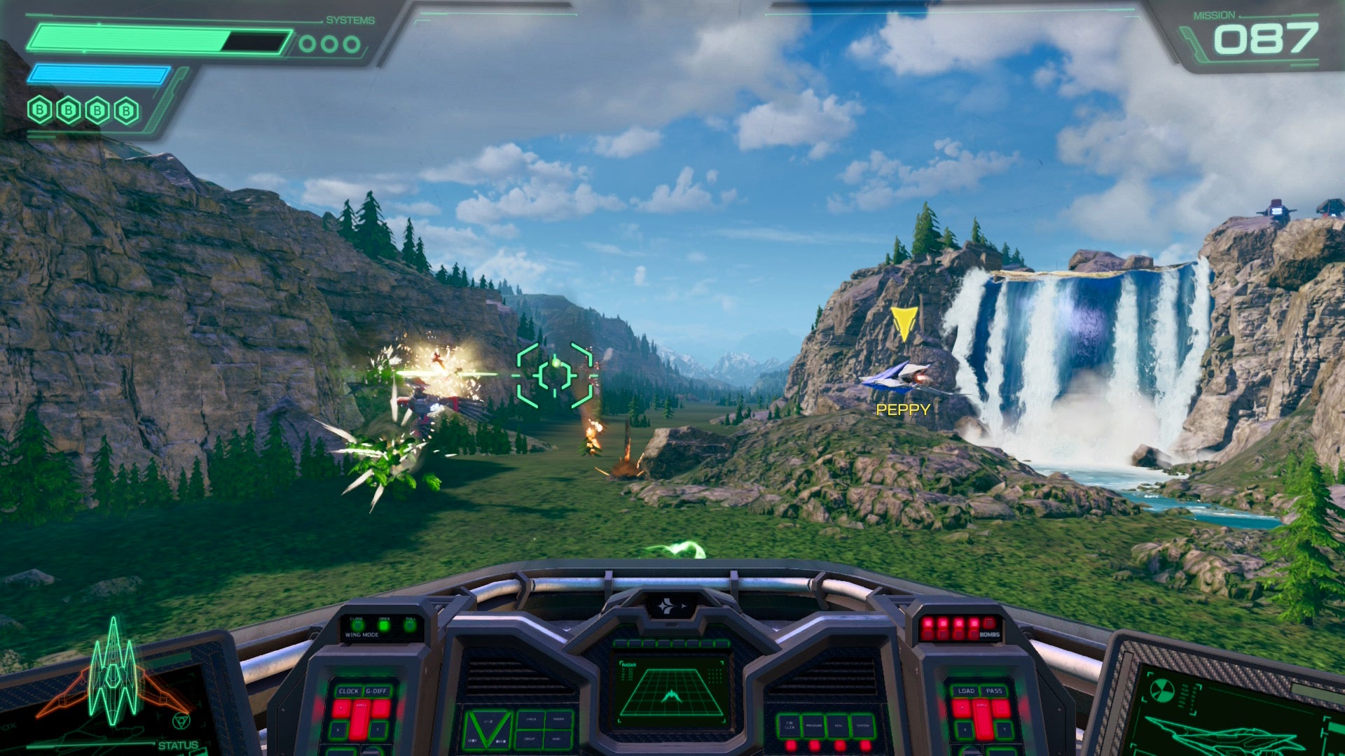 Star Fox screenshot showing you flying over a lush green planet with a waterfall