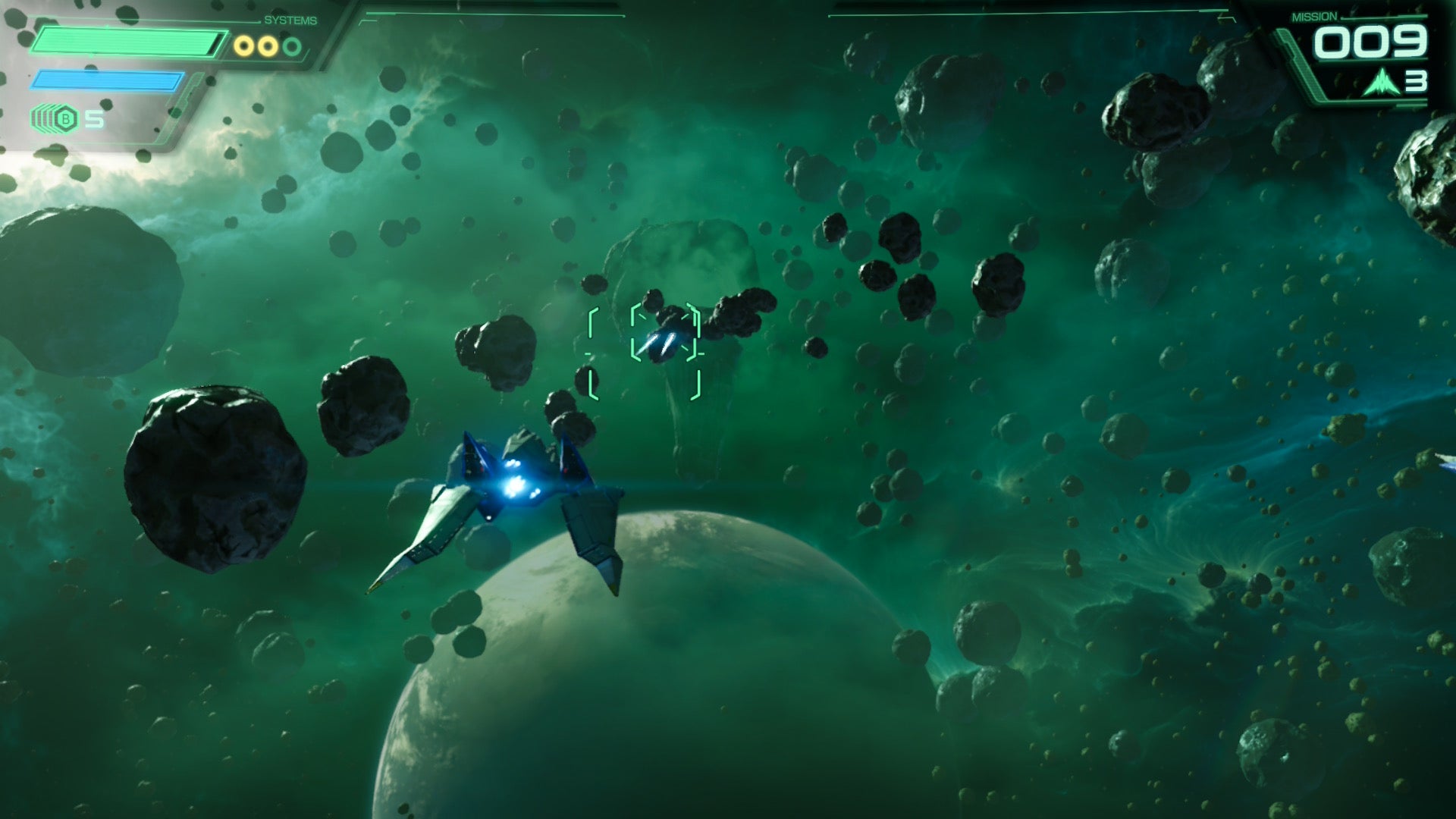 Star Fox screenshot showing you flying through rocky space debris with a deep teal green hue