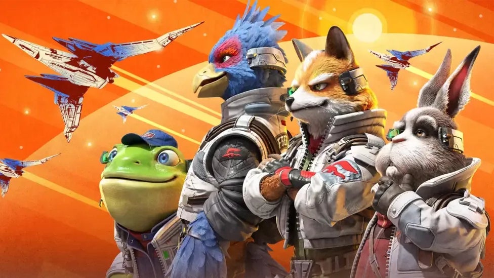 Star Fox key art showing the who squad looking determined against an orange background of illustrated starships