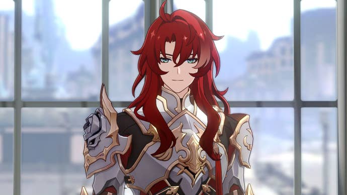 Honkai Star Rail Argenti materials list: An anime man with long red hair, wearing bright silver armor, is standing in front of a bright, open window