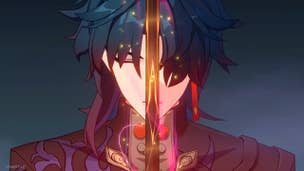 Honkai Star Rail Blade build: An anime man with long green hair is standing with his eyes closed and a red sword, glowing with an ominous light, held vertically in front of his face.