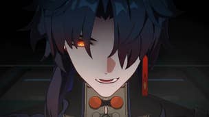 Honkai Star Rail Blade teams: An anime man with long green hair and glowing red eyes stands in a darkened room and bares his teeth
