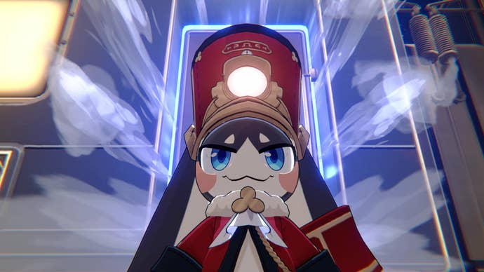 Pom-Pom, a cutesy rabbit-like train conductor stands in front of a train door that’s about to burst open in Honkai: Star Rail.